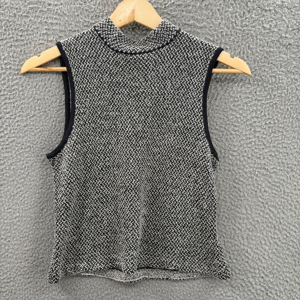 St John Santana Knit Top Women Large Navy Blue White Sleeveless Mock Neck